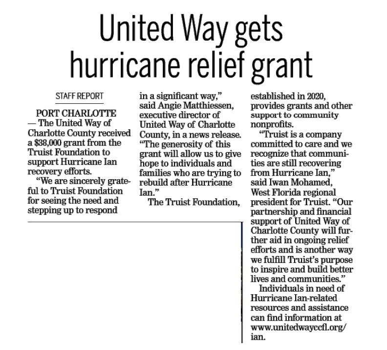 article on hurricane relief grant from Truist Foundation 2023