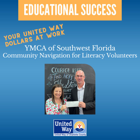 Angie Matthiessen presenting check to YMCA for volunteer coordination program